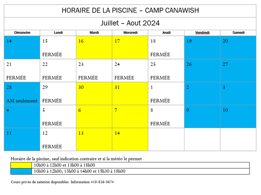 Tableau d'horaire de la piscine